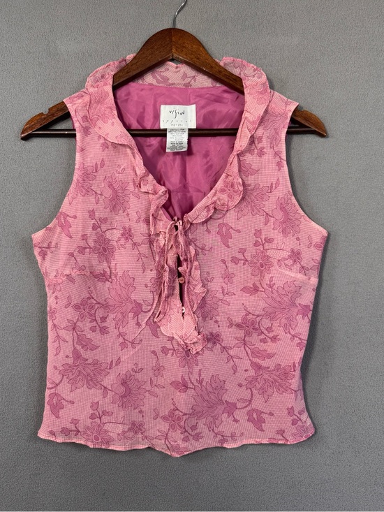 Vision Apparel Tops - Vintage Y2K  ✨ Fairy 🧚 Sleeveless Pink Floral Ruffle Tie V Neck Silk Top, M